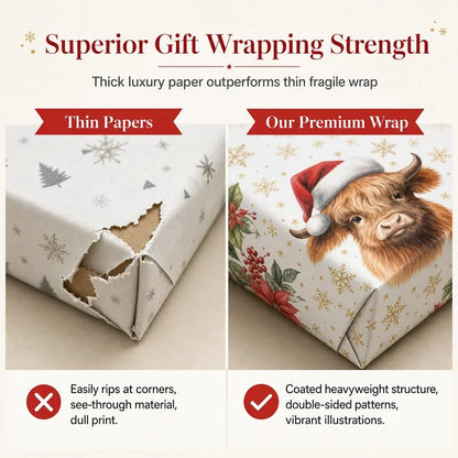 Christmas Highland Cow and Floral Gift Wrapping Paper Roll 43x70cm Holiday Present Wrap