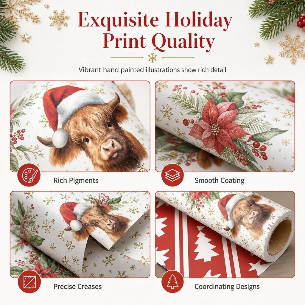 Christmas Highland Cow and Floral Gift Wrapping Paper Roll 43x70cm Holiday Present Wrap