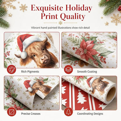 Christmas Highland Cow and Floral Gift Wrapping Paper Roll 43x70cm Holiday Present Wrap