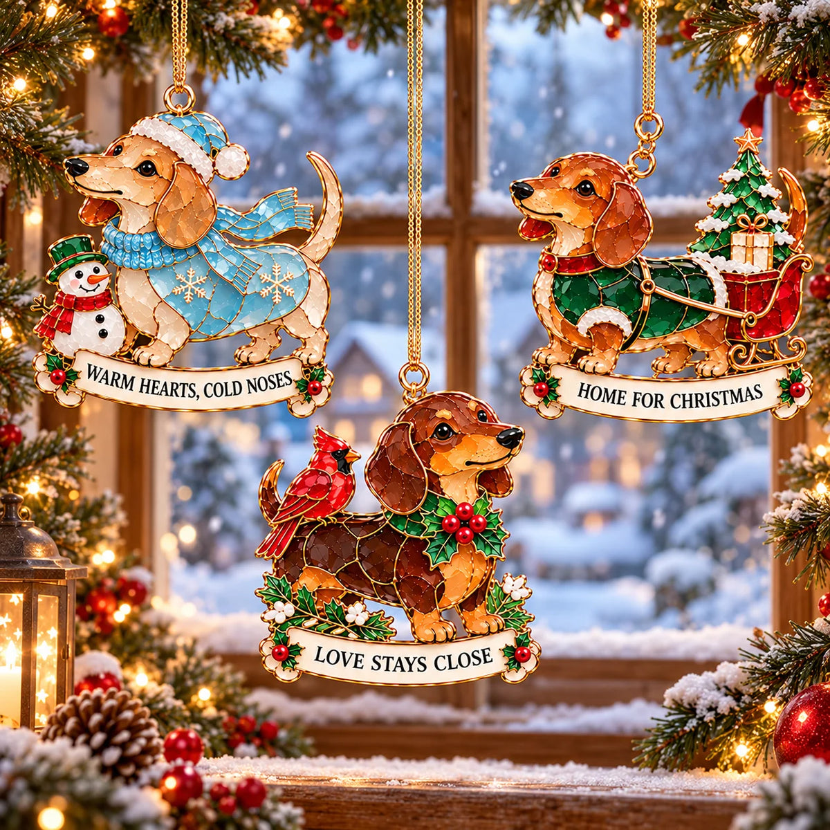 🐾🎄 Dachshund Christmas Ornaments Set Of 6 - Stained Glass Style