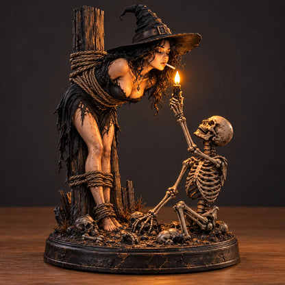 🧙 Witch & Skeleton Candle Scene Figurine – Dark Gothic Halloween Tabletop Decor
