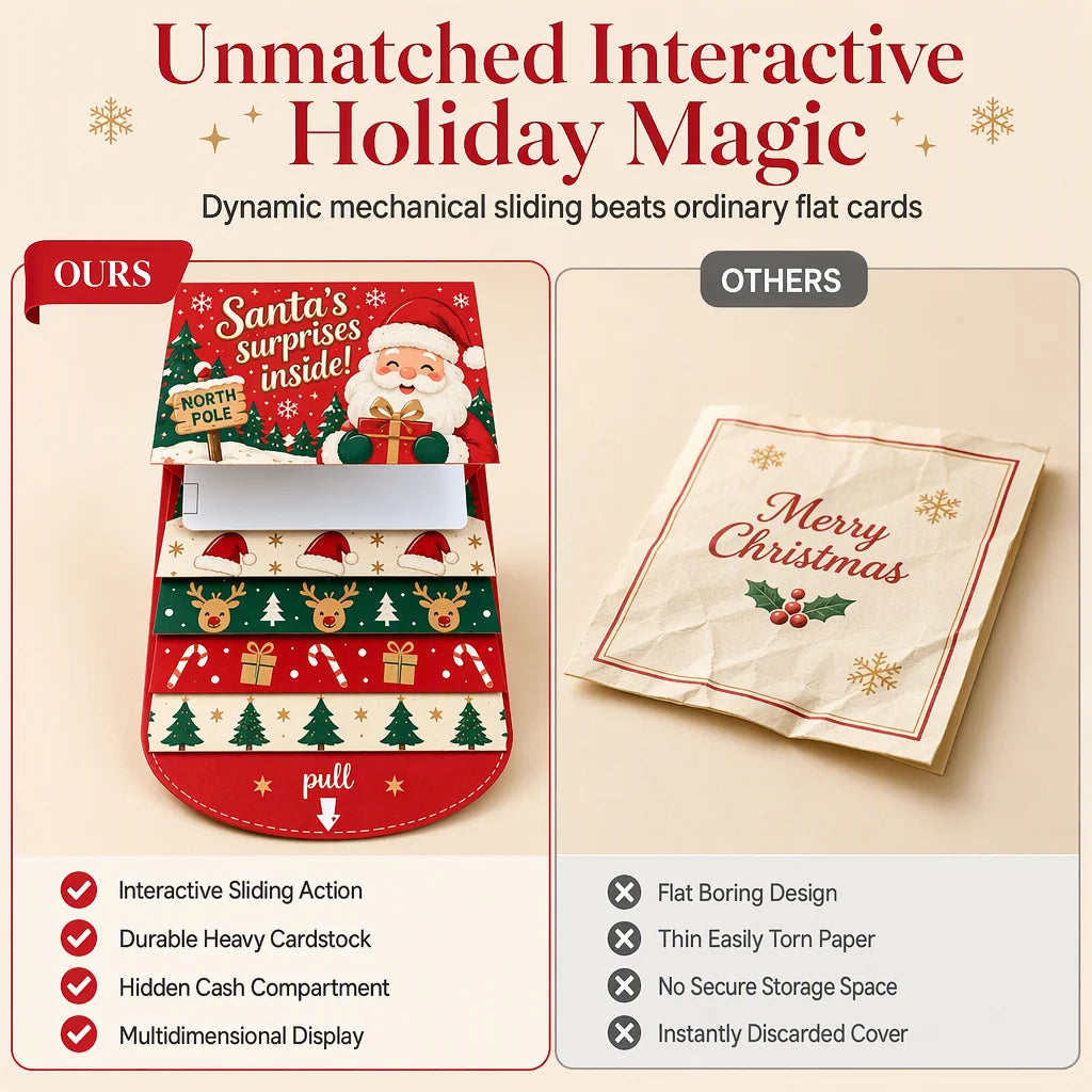 Handcrafted Waterfall Christmas Greeting Card Booklet - Unique Pull-tab Interactive Holiday Card With 5 Pull-down Panels