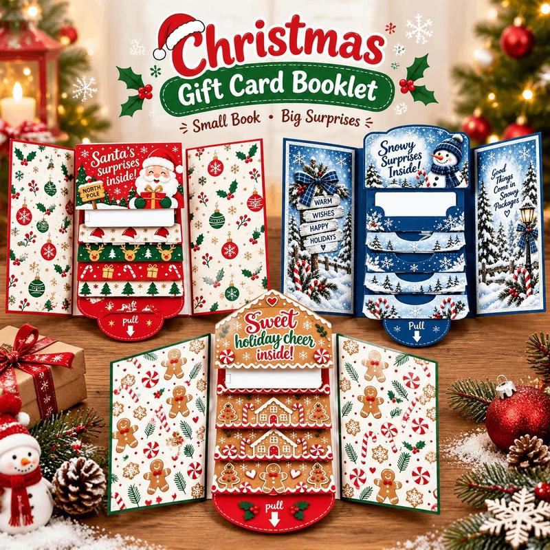 Handcrafted Waterfall Christmas Greeting Card Booklet - Unique Pull-tab Interactive Holiday Card With 5 Pull-down Panels