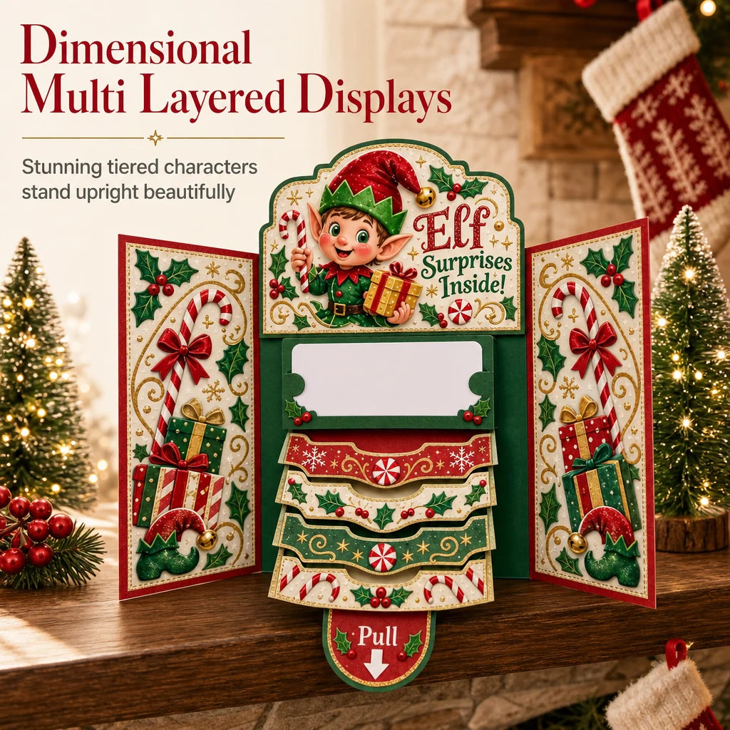 Handcrafted Waterfall Christmas Greeting Card Booklet - Unique Pull-tab Interactive Holiday Card With 5 Pull-down Panels