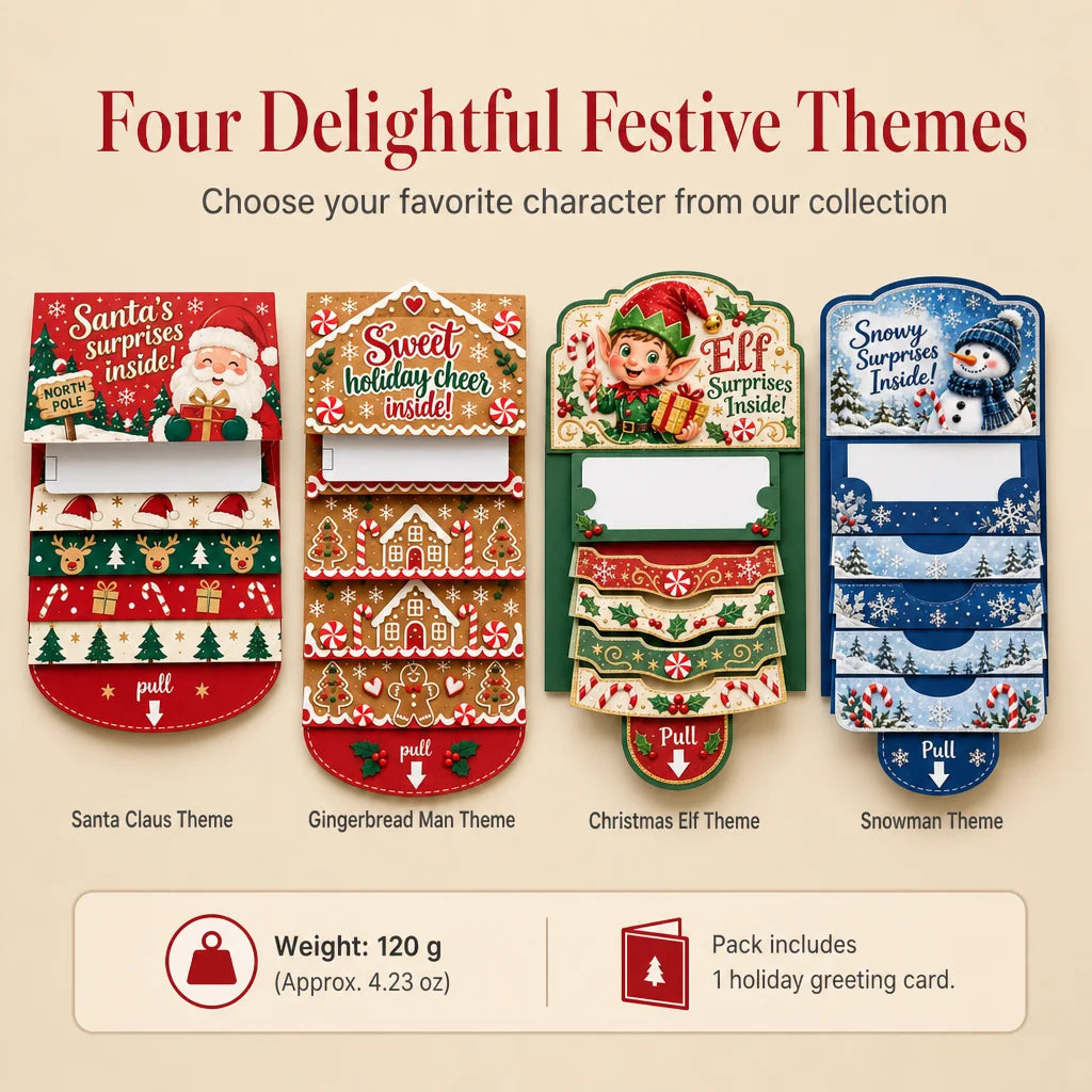 Handcrafted Waterfall Christmas Greeting Card Booklet - Unique Pull-tab Interactive Holiday Card With 5 Pull-down Panels