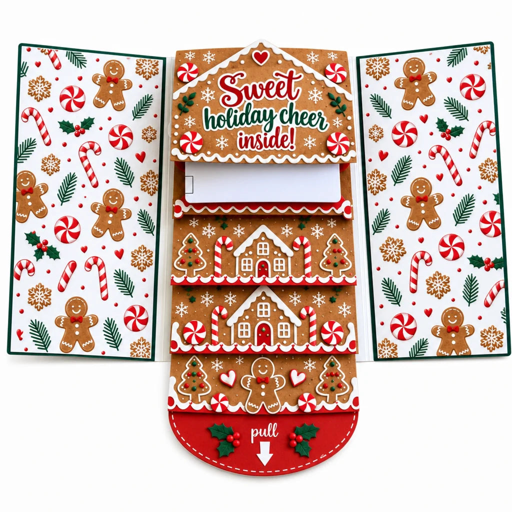 Handcrafted Waterfall Christmas Greeting Card Booklet - Unique Pull-tab Interactive Holiday Card With 5 Pull-down Panels