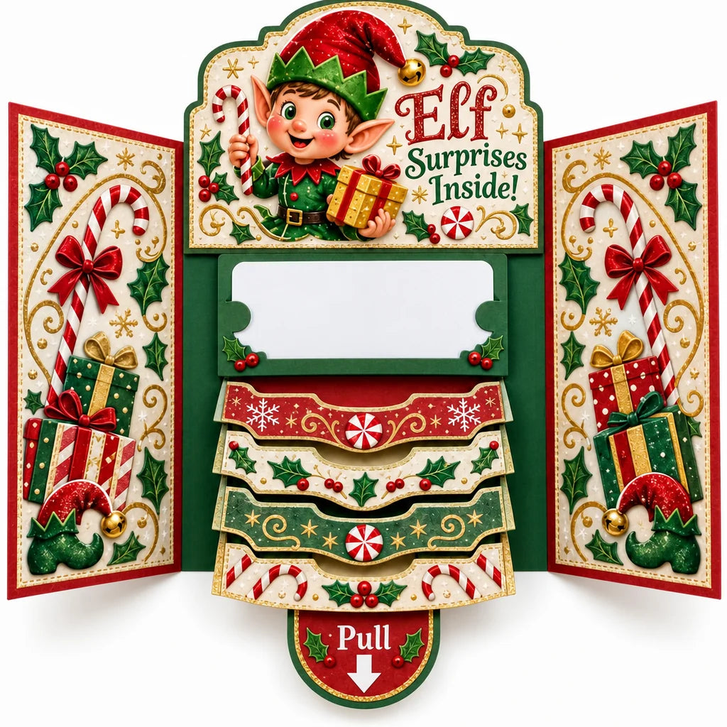 Handcrafted Waterfall Christmas Greeting Card Booklet - Unique Pull-tab Interactive Holiday Card With 5 Pull-down Panels