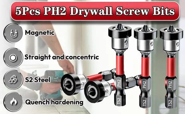 🔩5pcs Drywall Bit Attachment , PH2 Magnetic Drywall Screwdriver Bits