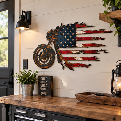 Patriotic Motorcycle American Flag Metal Wall Art