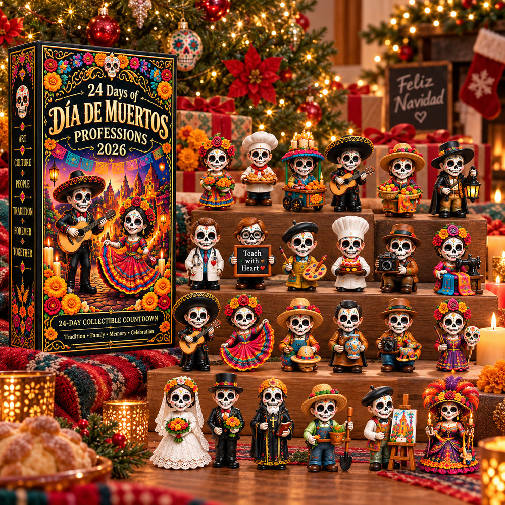 Close view of collectible Día de Muertos profession characters