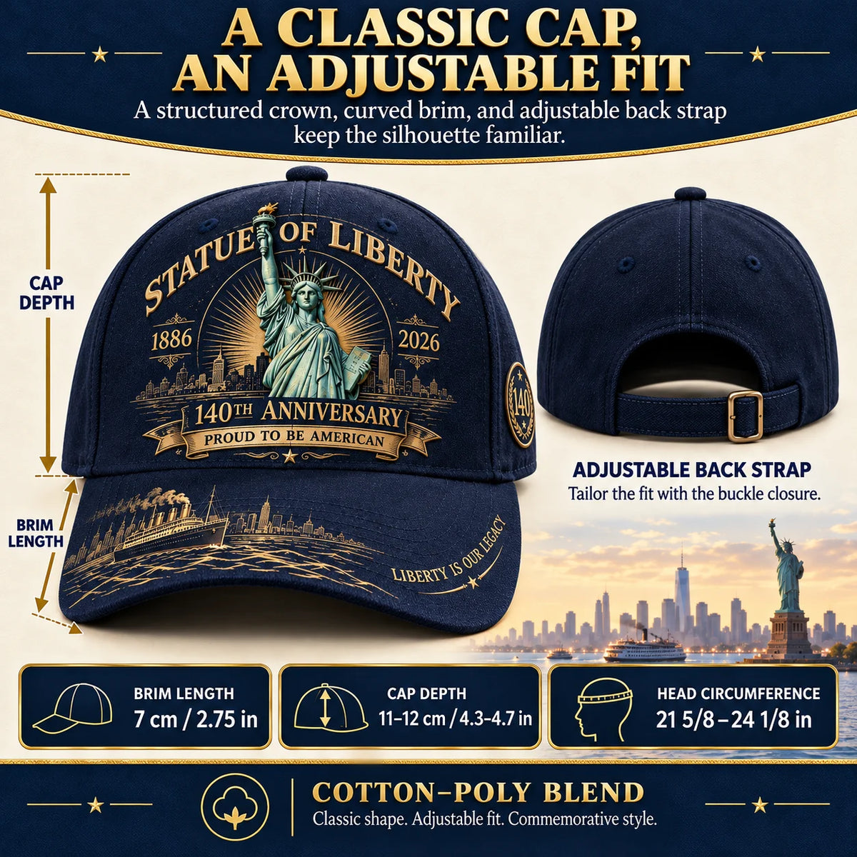 💝 Last Day 49% Off – 🗽 Statue of Liberty 140th Anniversary 1886–2026 Heritage Cap | Cotton-Poly Blend • Commemorative Design • Adjustable Fit 🇺🇸