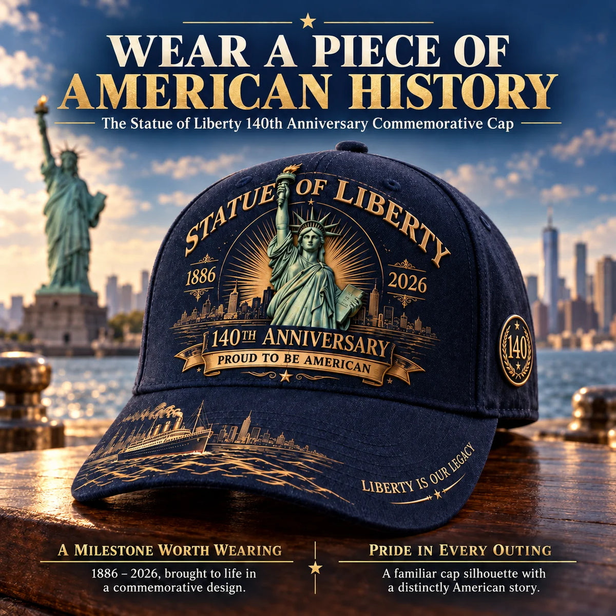 💝 Last Day 49% Off – 🗽 Statue of Liberty 140th Anniversary 1886–2026 Heritage Cap | Cotton-Poly Blend • Commemorative Design • Adjustable Fit 🇺🇸