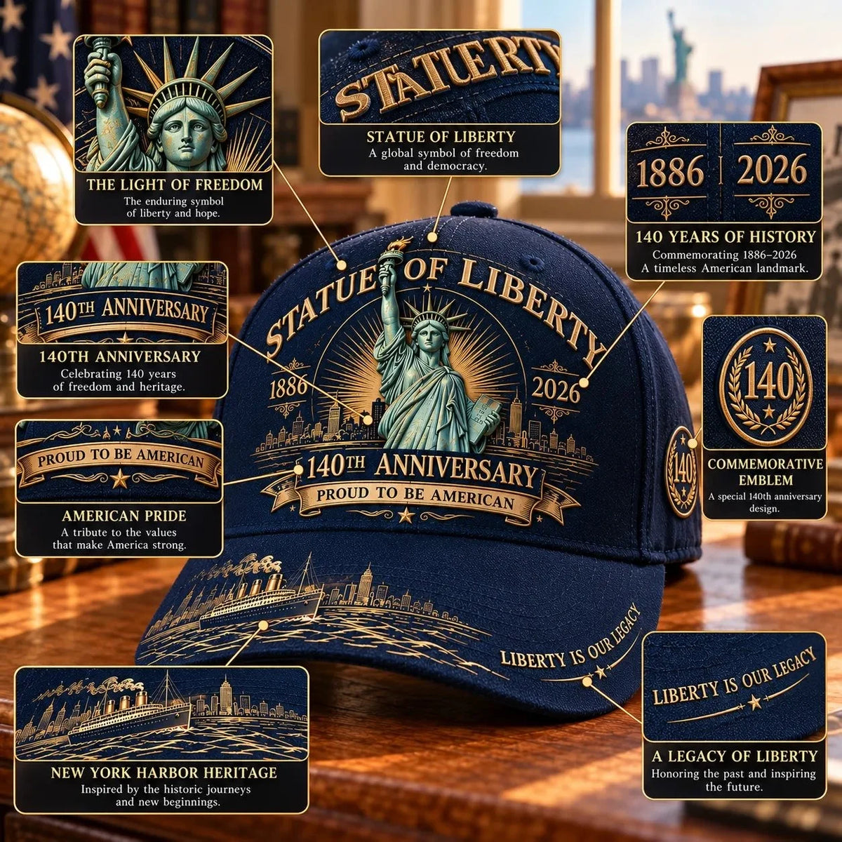 💝 Last Day 49% Off – 🗽 Statue of Liberty 140th Anniversary 1886–2026 Heritage Cap | Cotton-Poly Blend • Commemorative Design • Adjustable Fit 🇺🇸