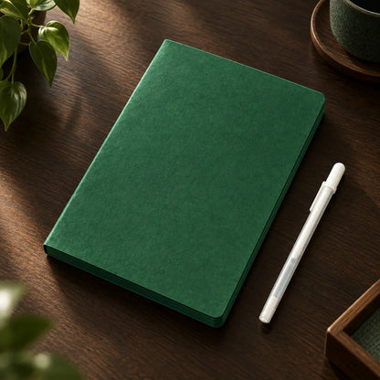 Deep Green Blank Notebook With White Gel Pen | Aesthetic Writing & Sketch Journal