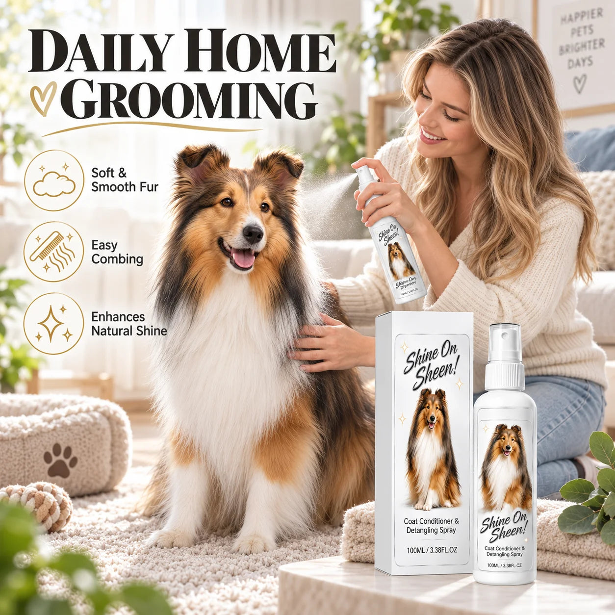 Pet detangling spray shine and grooming imagery