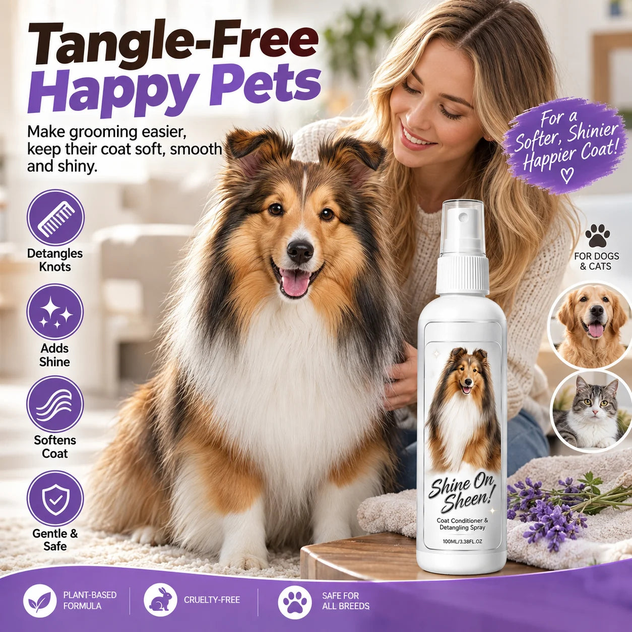 Pet grooming detangling spray final product photograph