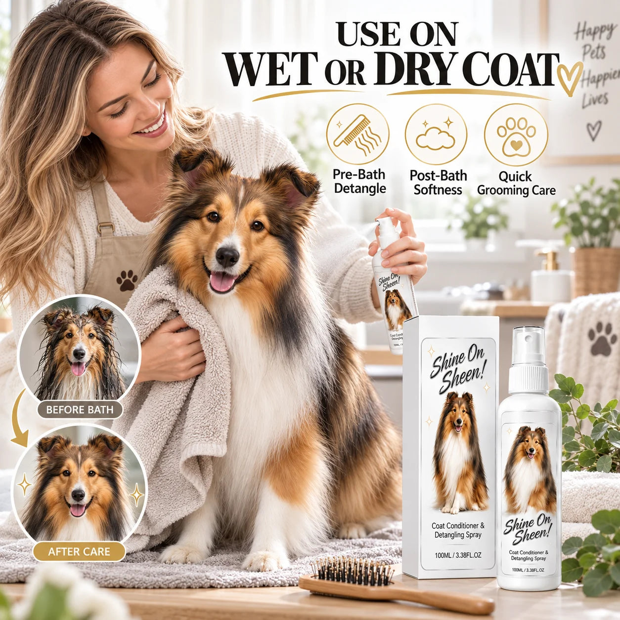 Pet grooming conditioning spray wet and dry use
