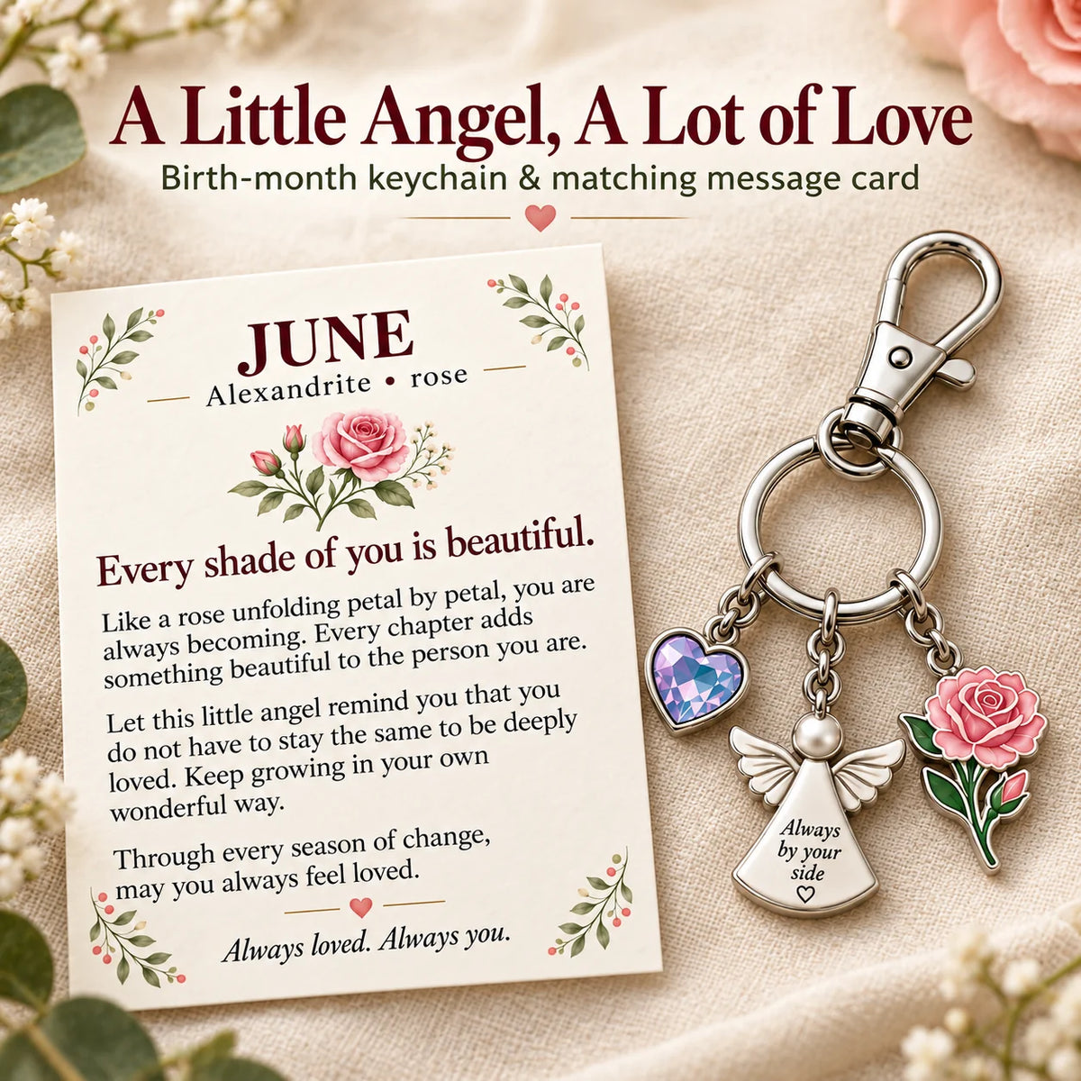 ⏳ Last Day 49% OFF —👼 Always By Your Side: Birth Month Angel & Flower Keychain + Keepsake Card 🌸