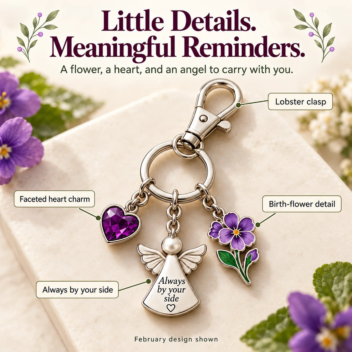 ⏳ Last Day 49% OFF —👼 Always By Your Side: Birth Month Angel & Flower Keychain + Keepsake Card 🌸