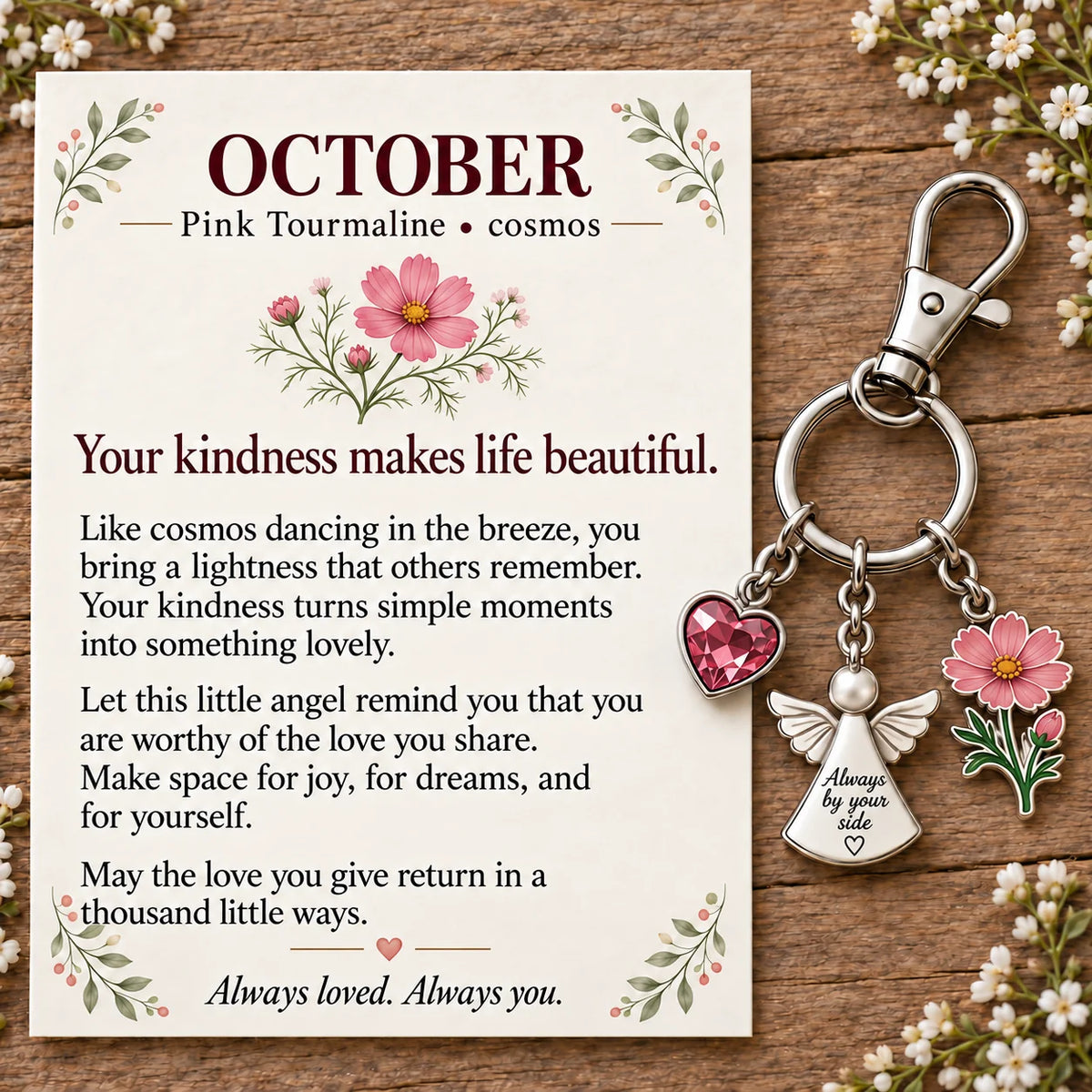 ⏳ Last Day 49% OFF —👼 Always By Your Side: Birth Month Angel & Flower Keychain + Keepsake Card 🌸