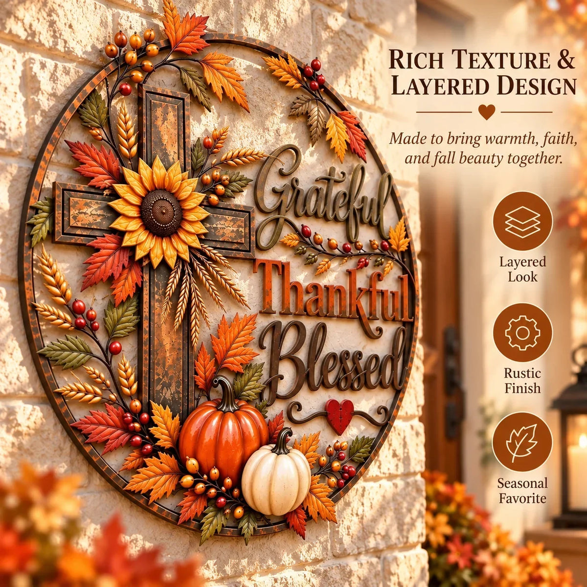 ✝️🍂Autumn Cross & Pumpkin Harvest Metal Wall Decor
