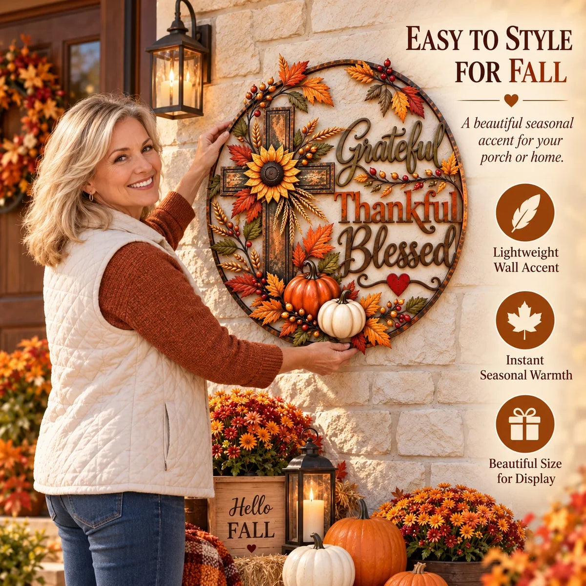 ✝️🍂Autumn Cross & Pumpkin Harvest Metal Wall Decor