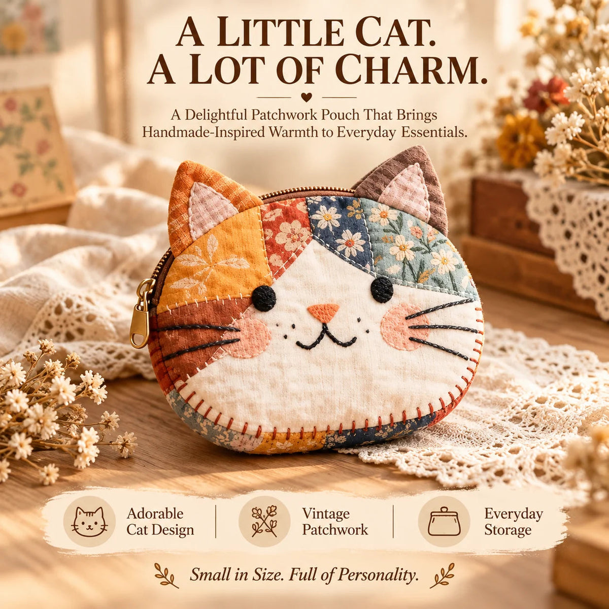 🐱🧵 Handmade Patchwork Cat Coin Purse – Small Change, Big Personality ✨
