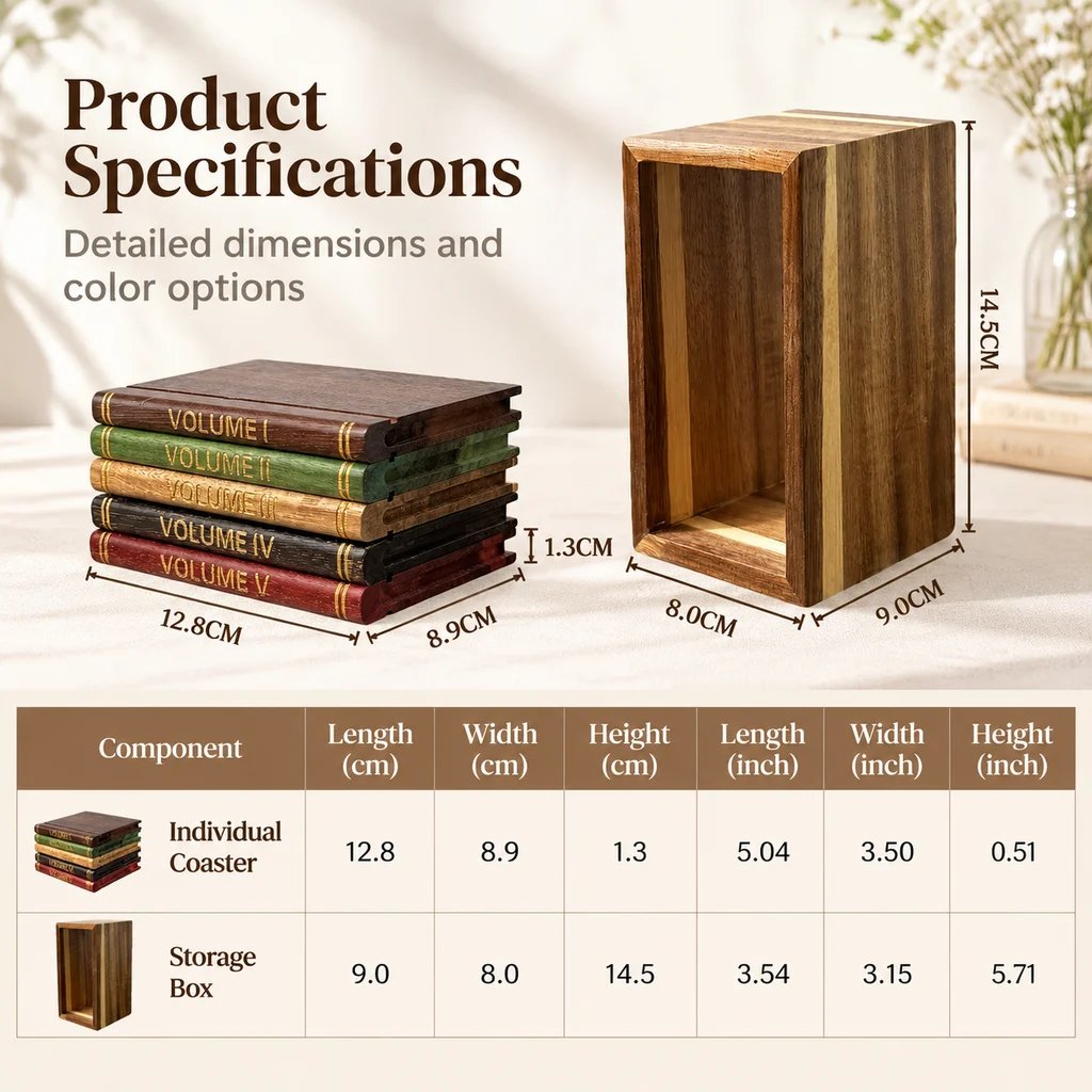 📚 Vintage Book-Style Coaster Set – Includes Upright Storage Holder
