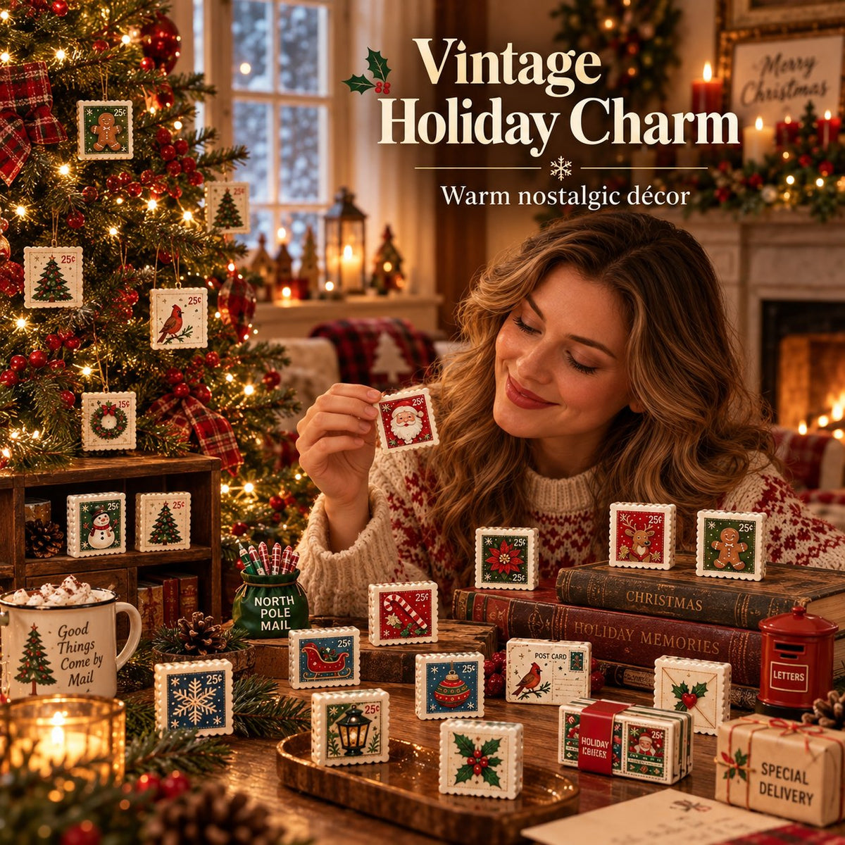 Christmas Stamps Advent Calendar 24‑Piece Mini Acrylic Ornament Set, Nostalgic Postal Art Countdown for Xmas Home Decor & Holiday Gift‑Giving