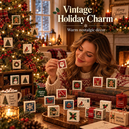 Christmas Stamps Advent Calendar 24‑Piece Mini Acrylic Ornament Set, Nostalgic Postal Art Countdown for Xmas Home Decor & Holiday Gift‑Giving