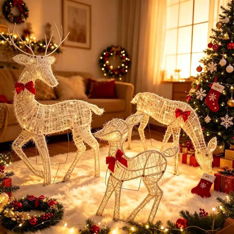 🔥2027 Debut release|LED Christmas Reindeer Set with Bow – Decorative Reindeer Family for Indoor and Outdoor