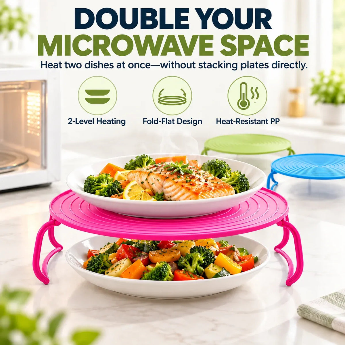🍽️ 2-in-1 Microwave Plate Stacker & Heat-Resistant Trivet – Double Your Microwave Space
