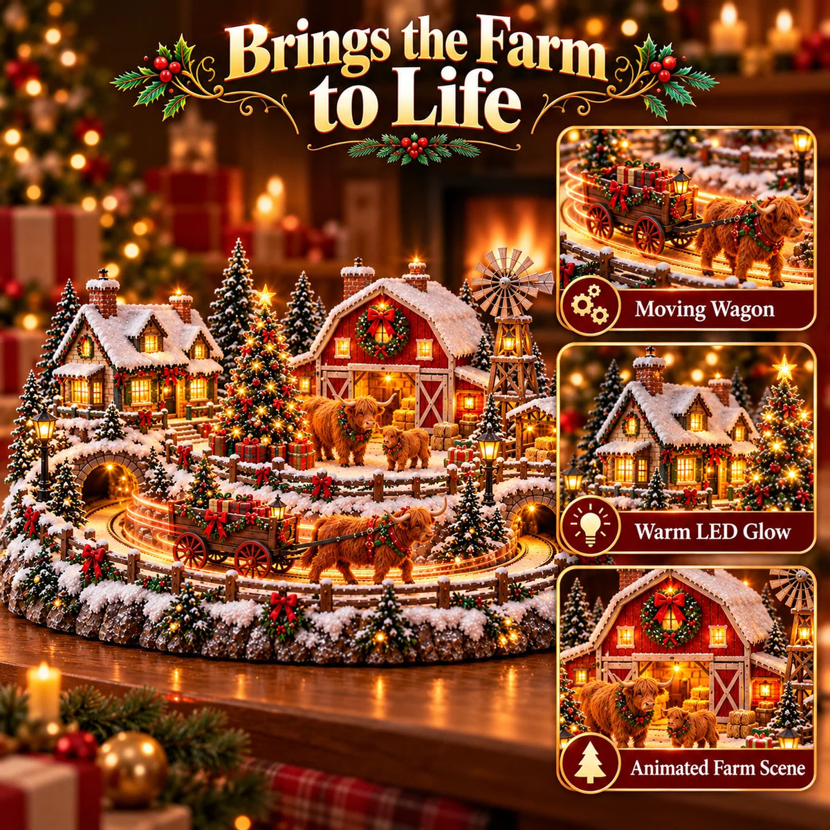 🐮 Highland Cow Christmas Farm Village – Lighted Farmhouse Holiday Scene