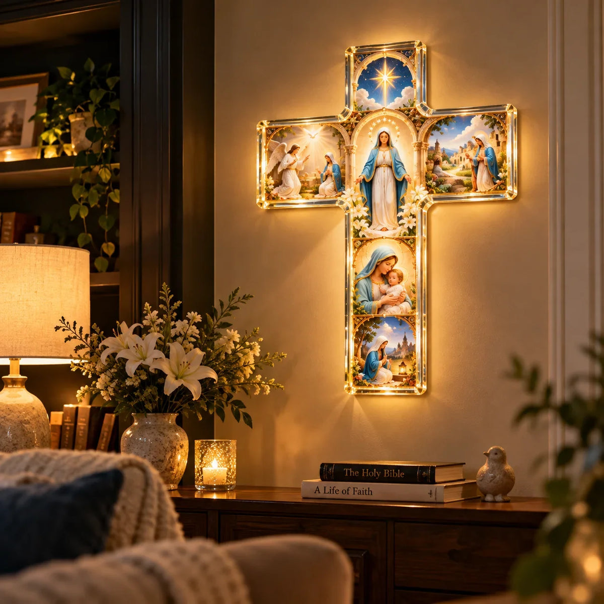 ✝️✨ Mary’s Sacred Journey – Illuminated 6-Scene Cross