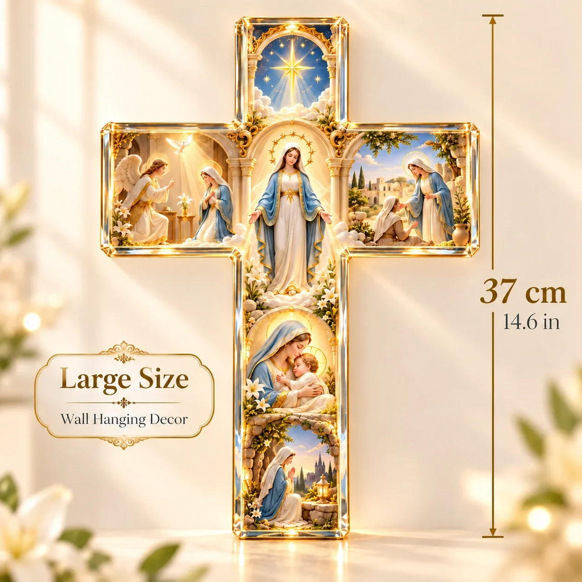 ✝️✨ Mary’s Sacred Journey – Illuminated 6-Scene Cross