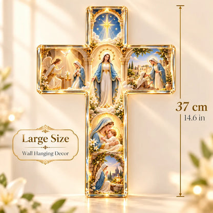 ✝️✨ Mary’s Sacred Journey – Illuminated 6-Scene Cross