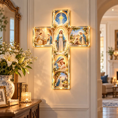 ✝️✨ Mary’s Sacred Journey – Illuminated 6-Scene Cross