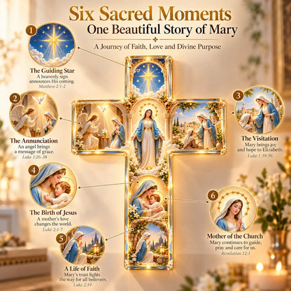 ✝️✨ Mary’s Sacred Journey – Illuminated 6-Scene Cross