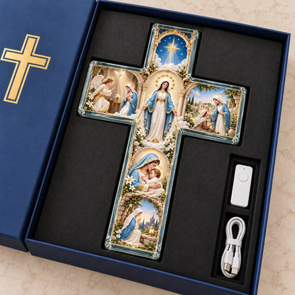 ✝️✨ Mary’s Sacred Journey – Illuminated 6-Scene Cross
