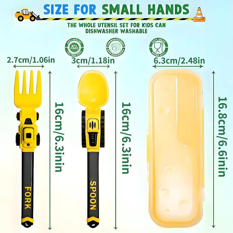 Construction Vehicle Kids Utensil Set 🚜 | 3-Piece Feeding Set with Spoon, Fork & Storage Case | Soft Grip | Dishwasher Safe | Perfect for Travel & Home | Gift Set Utensils