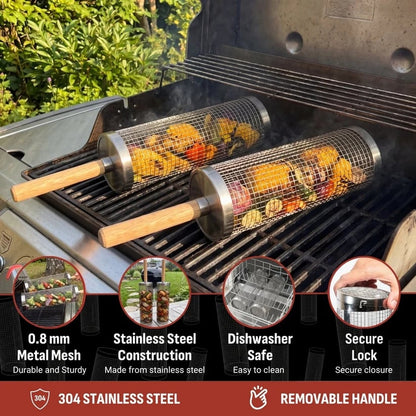 2026 New🔥360° Rolling Grill Basket – 304 Stainless Steel, Removable Wooden Handle & No More Food Falling Through! 🥩🥦