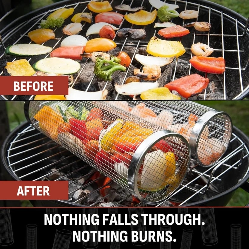 2026 New🔥360° Rolling Grill Basket – 304 Stainless Steel, Removable Wooden Handle & No More Food Falling Through! 🥩🥦