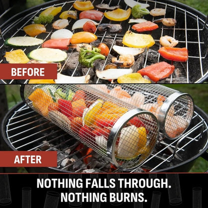 2026 New🔥360° Rolling Grill Basket – 304 Stainless Steel, Removable Wooden Handle & No More Food Falling Through! 🥩🥦