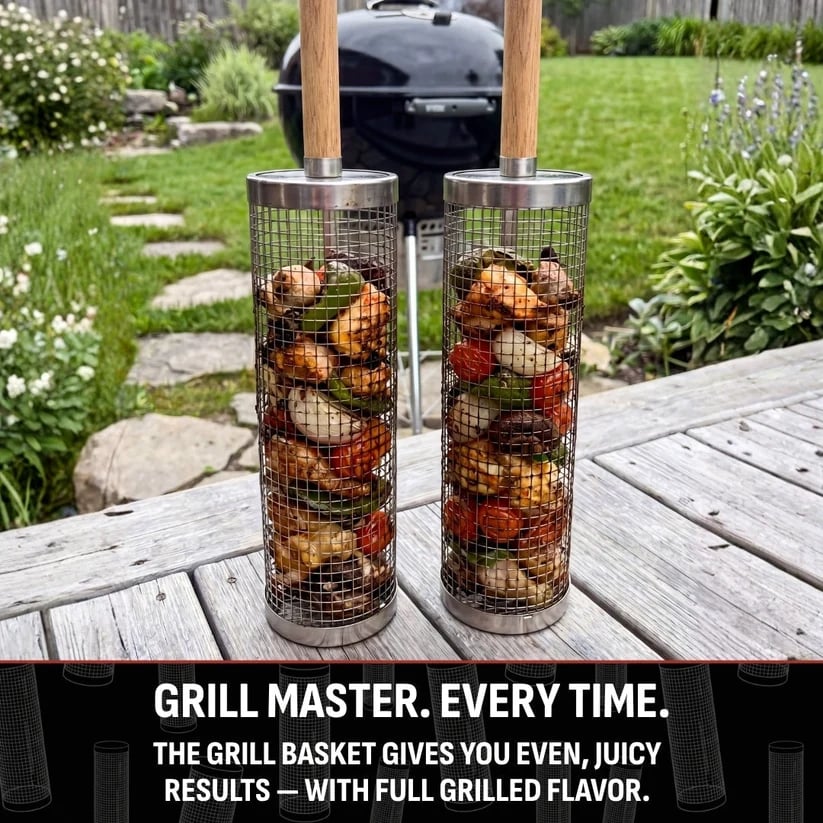 2026 New🔥360° Rolling Grill Basket – 304 Stainless Steel, Removable Wooden Handle & No More Food Falling Through! 🥩🥦