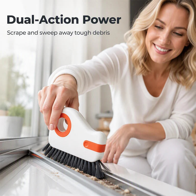🪟 2-in-1 Window Track Brush – Stiff Bristles with Built-In Scraper