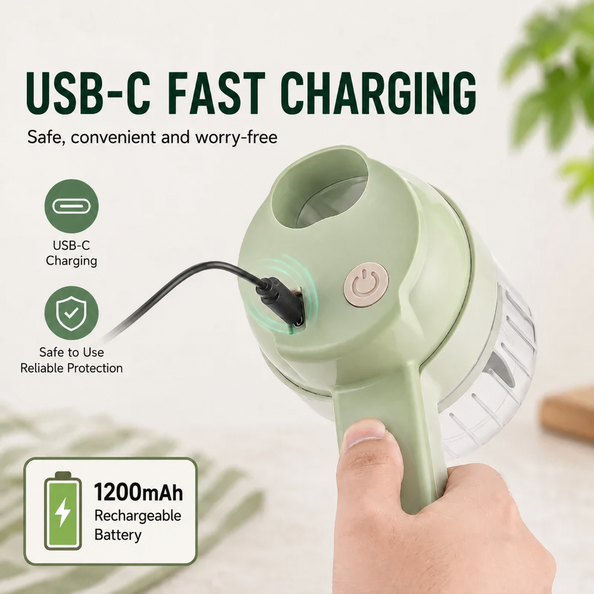 📍 4-in-1 Rechargeable Food Chopper – 1200mAh Cordless Food Processor with 40W Motor, Slicer & Chopper Blades