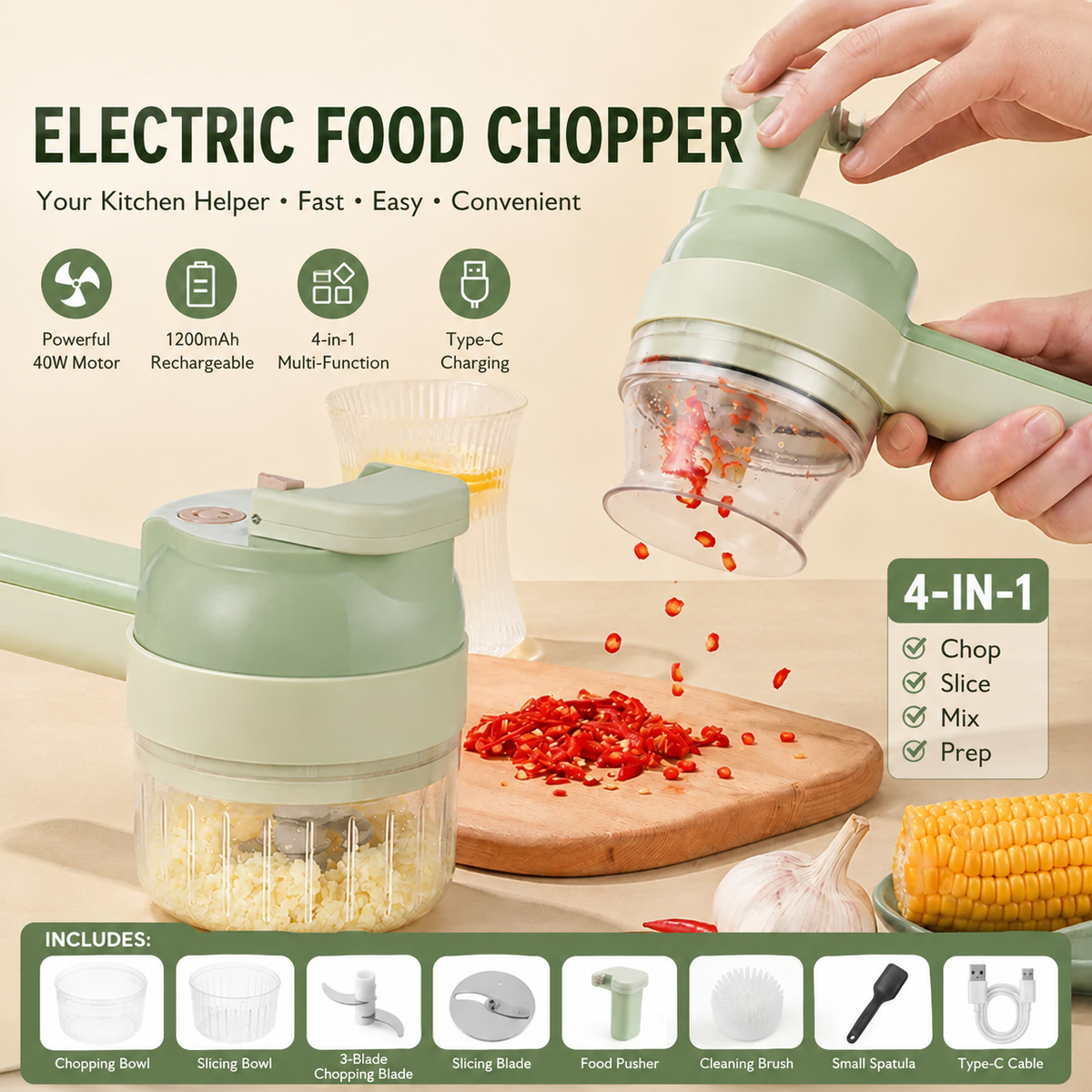 📍 4-in-1 Rechargeable Food Chopper – 1200mAh Cordless Food Processor with 40W Motor, Slicer & Chopper Blades
