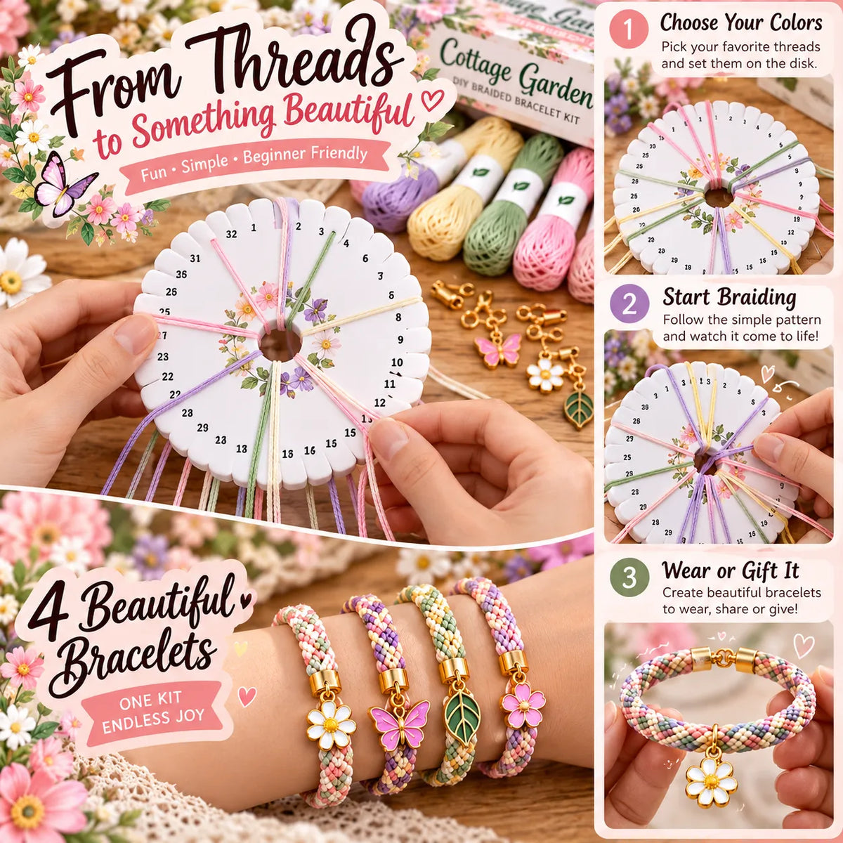 🌸Cottage Garden Kumihimo Bracelet Making Kit – DIY Braided Friendship Bracelets & Creative Gift Set ✨Beginners Friendily
