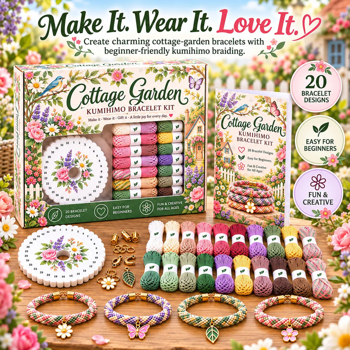🌸Cottage Garden Kumihimo Bracelet Making Kit – DIY Braided Friendship Bracelets & Creative Gift Set ✨Beginners Friendily