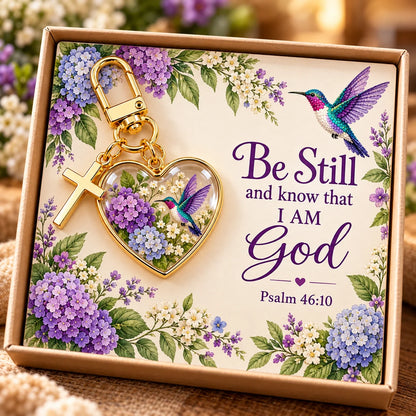 💜✝️ Be Still & Know That I Am God Hummingbird Faith Keychain — Psalm 46:10